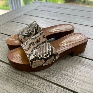 Seychelles Good Spirits Python Heeled Open Toe Clogs Womens size 9